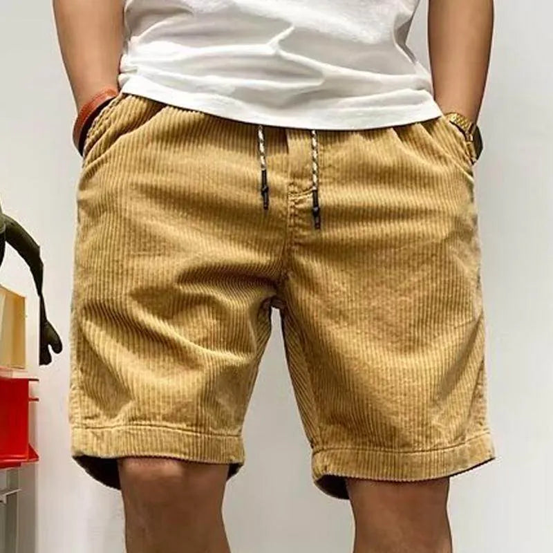 Mens Solid Color Corduroy Elastic Waist Cargo Shorts - AngraBech