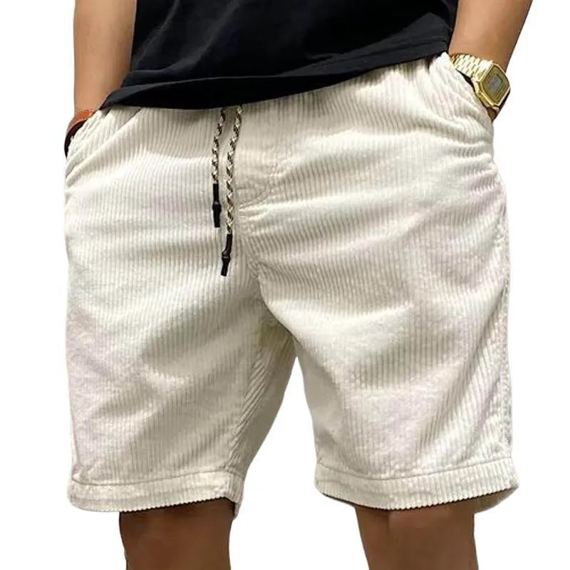 Mens Solid Color Corduroy Elastic Waist Cargo Shorts - AngraBech
