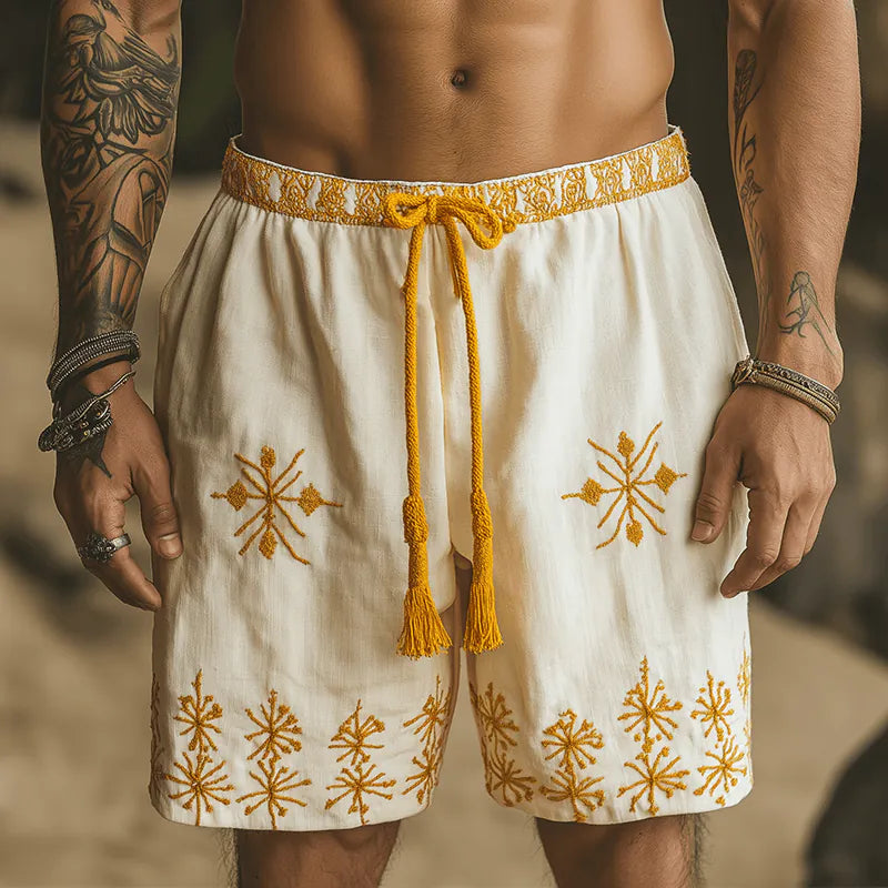 Mens Summer Fashion Cotton And Linen Embroidered Casual Shorts - AngraBech