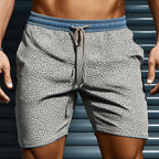 Mens Casual Cotton Leopard And Denim Patchwork Elastic Waist Drawstring Shorts - AngraBech