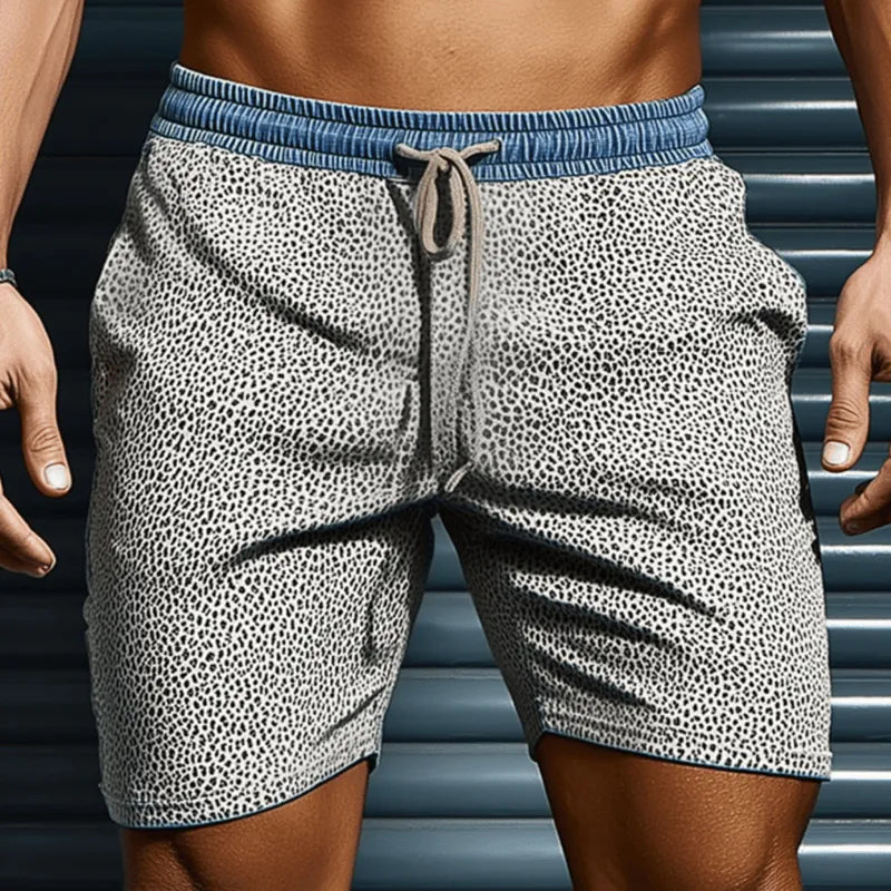 Mens Casual Cotton Leopard And Denim Patchwork Elastic Waist Drawstring Shorts - AngraBech
