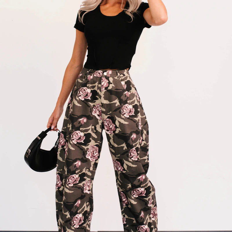 Cover Me In Roses Floral Barrel Jeans Camo - AngraBech