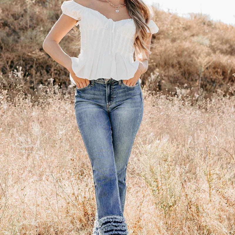 Mid Rise Frayed Hem Cello Flare Jeans Medium - AngraBech
