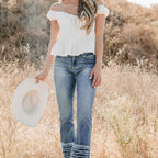 Mid Rise Frayed Hem Cello Flare Jeans Medium - AngraBech