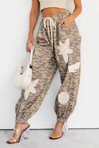 Sun Comes Up Pol Drawstring Denim Joggers Beige Camo - AngraBech