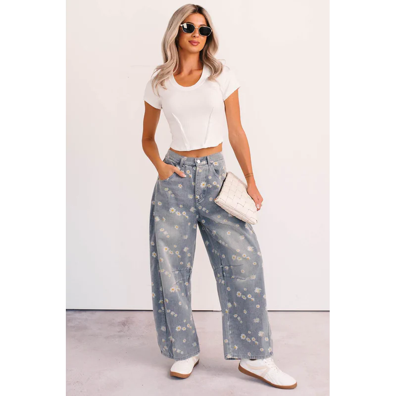 Rae Floral Stripe Wide Leg Barrel Jeans Denim - AngraBech