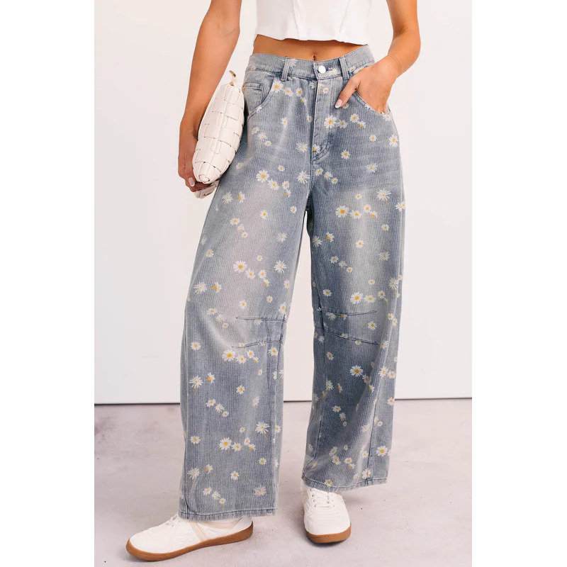 Rae Floral Stripe Wide Leg Barrel Jeans Denim - AngraBech