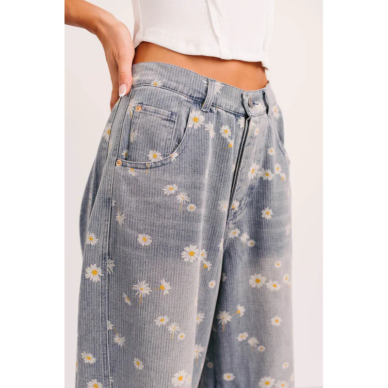 Rae Floral Stripe Wide Leg Barrel Jeans Denim - AngraBech