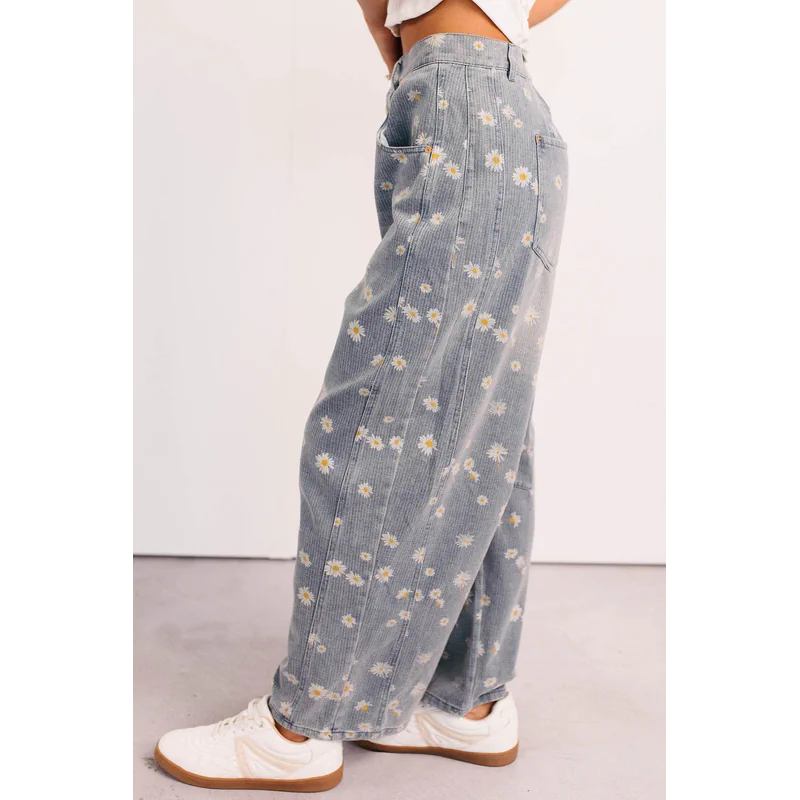 Rae Floral Stripe Wide Leg Barrel Jeans Denim - AngraBech