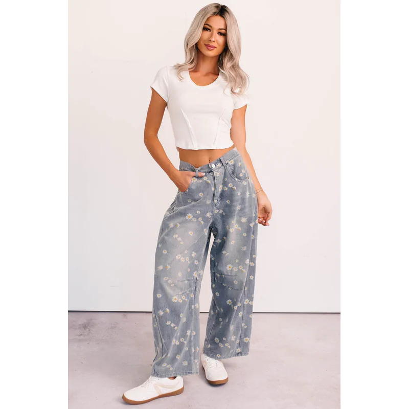 Rae Floral Stripe Wide Leg Barrel Jeans Denim - AngraBech
