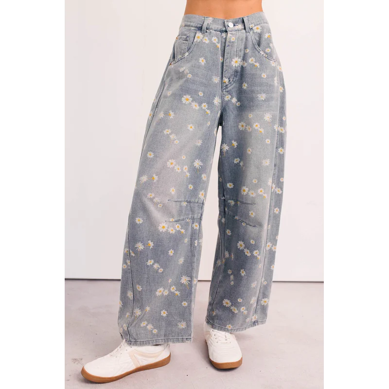 Rae Floral Stripe Wide Leg Barrel Jeans Denim - AngraBech