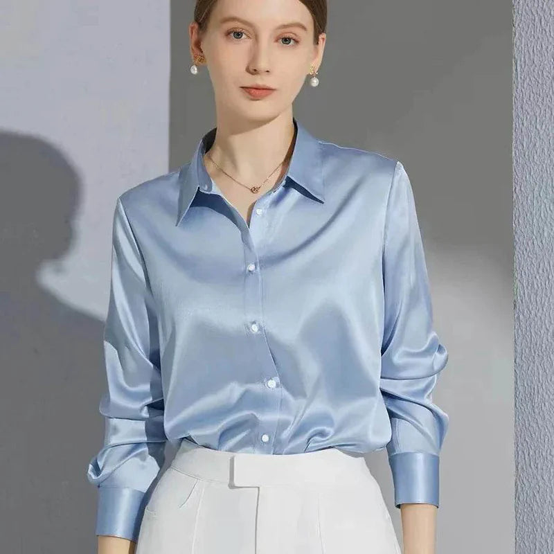 Womens Satin Button Down Blouse Long Sleeve 1 - AngraBech