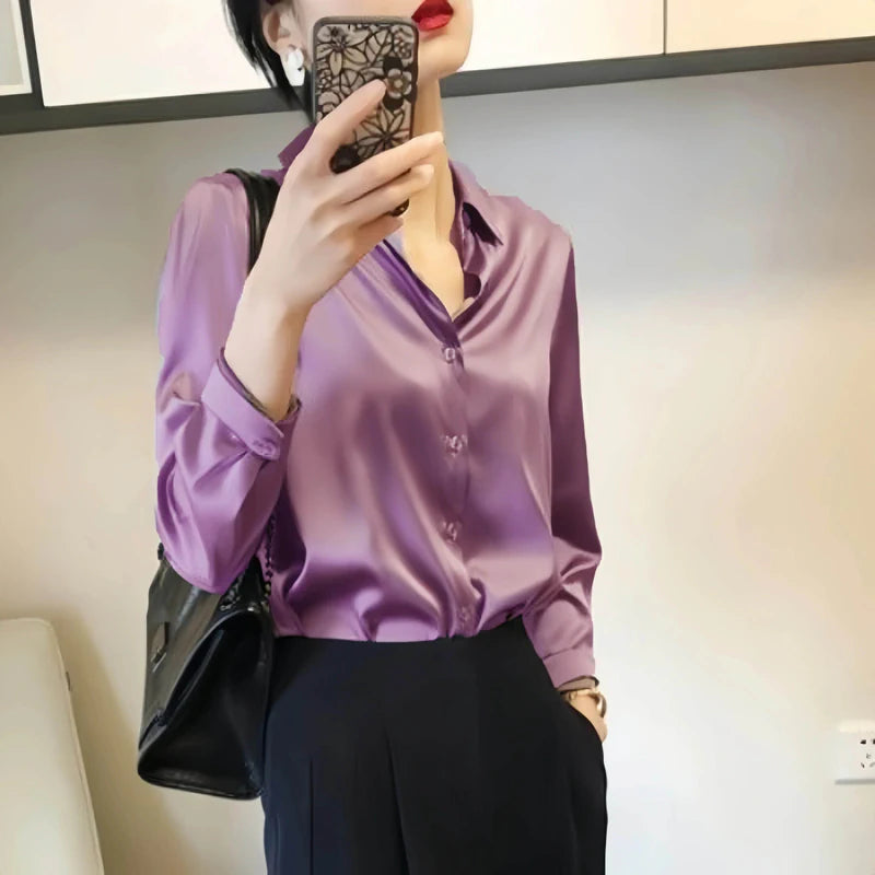 Womens Satin Button Down Blouse Long Sleeve 1 - AngraBech