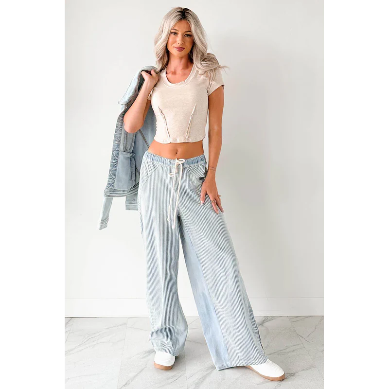 Franklin Striped Drawstring Wide Leg Jeans Denim - AngraBech