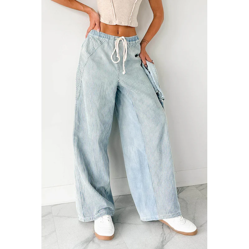 Franklin Striped Drawstring Wide Leg Jeans Denim - AngraBech