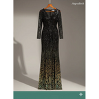 Black sequin evening gown on a hanger against a neutral background