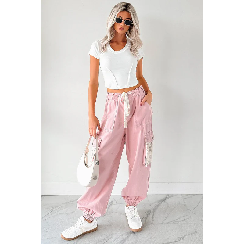 Sweet Melody Crochet Denim Pol Joggers Powder Pink - AngraBech