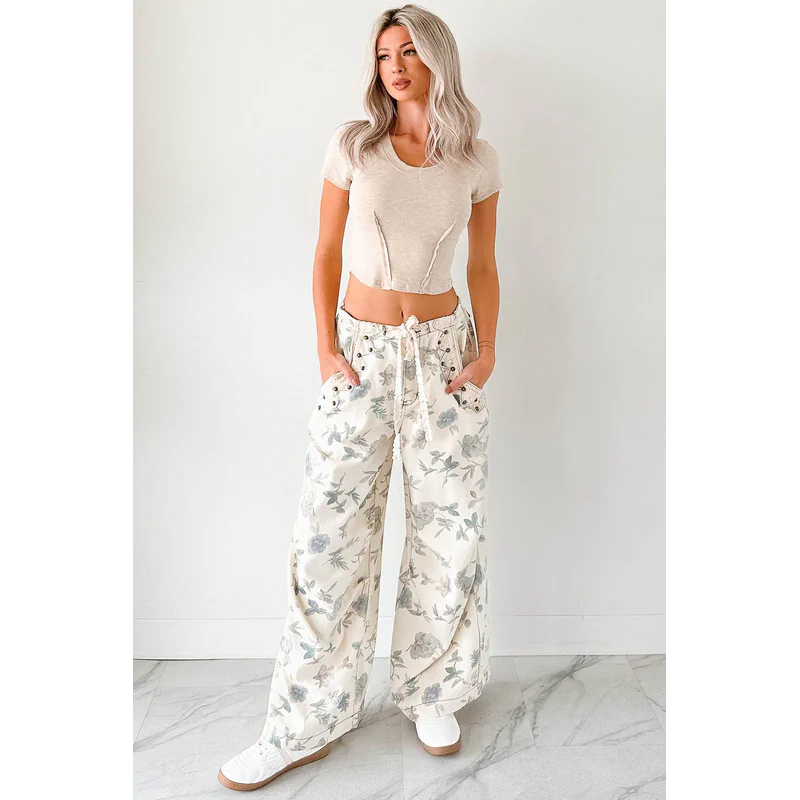 Lorelei Wide Leg Floral Pol Jeans Cream Floral - AngraBech