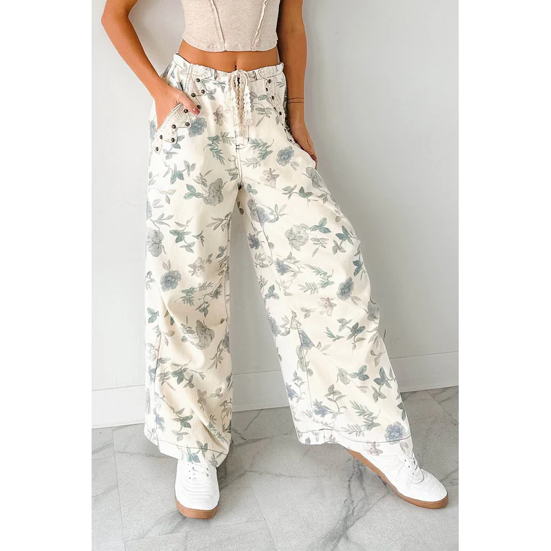 Lorelei Wide Leg Floral Pol Jeans Cream Floral - AngraBech