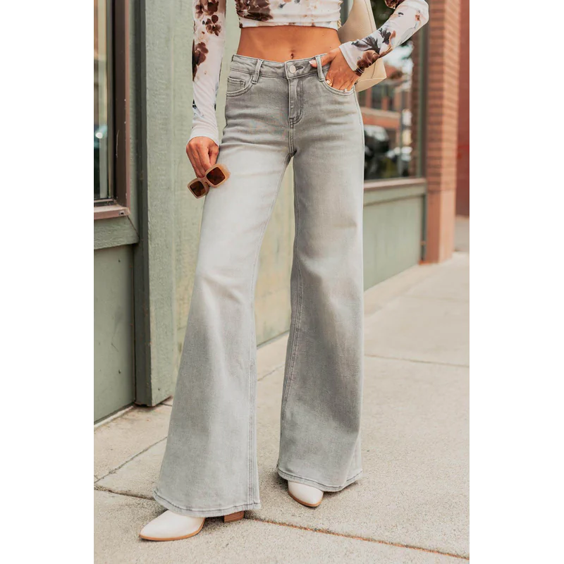 Cecily Mid Rise Wide Leg Mica Denim Jeans Grey - AngraBech