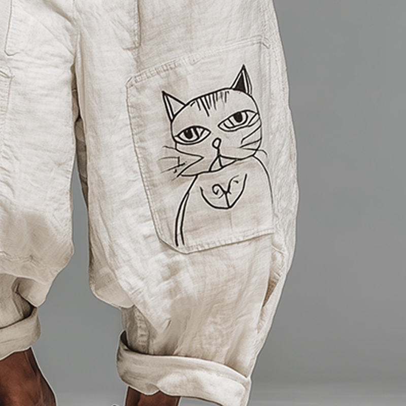 Mens Summer Fashion Cat Print Cotton And Linen Bloomers Mta2004f6p