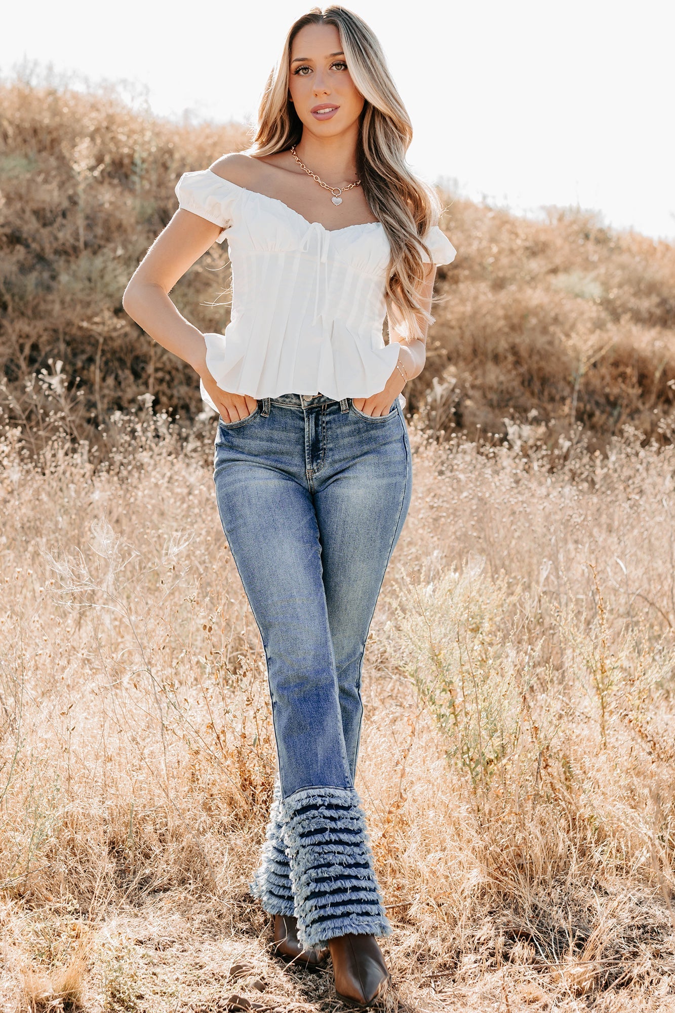 Vera Mid Rise Frayed Hem Cello Flare Jeans (Medium) - NanaMacs