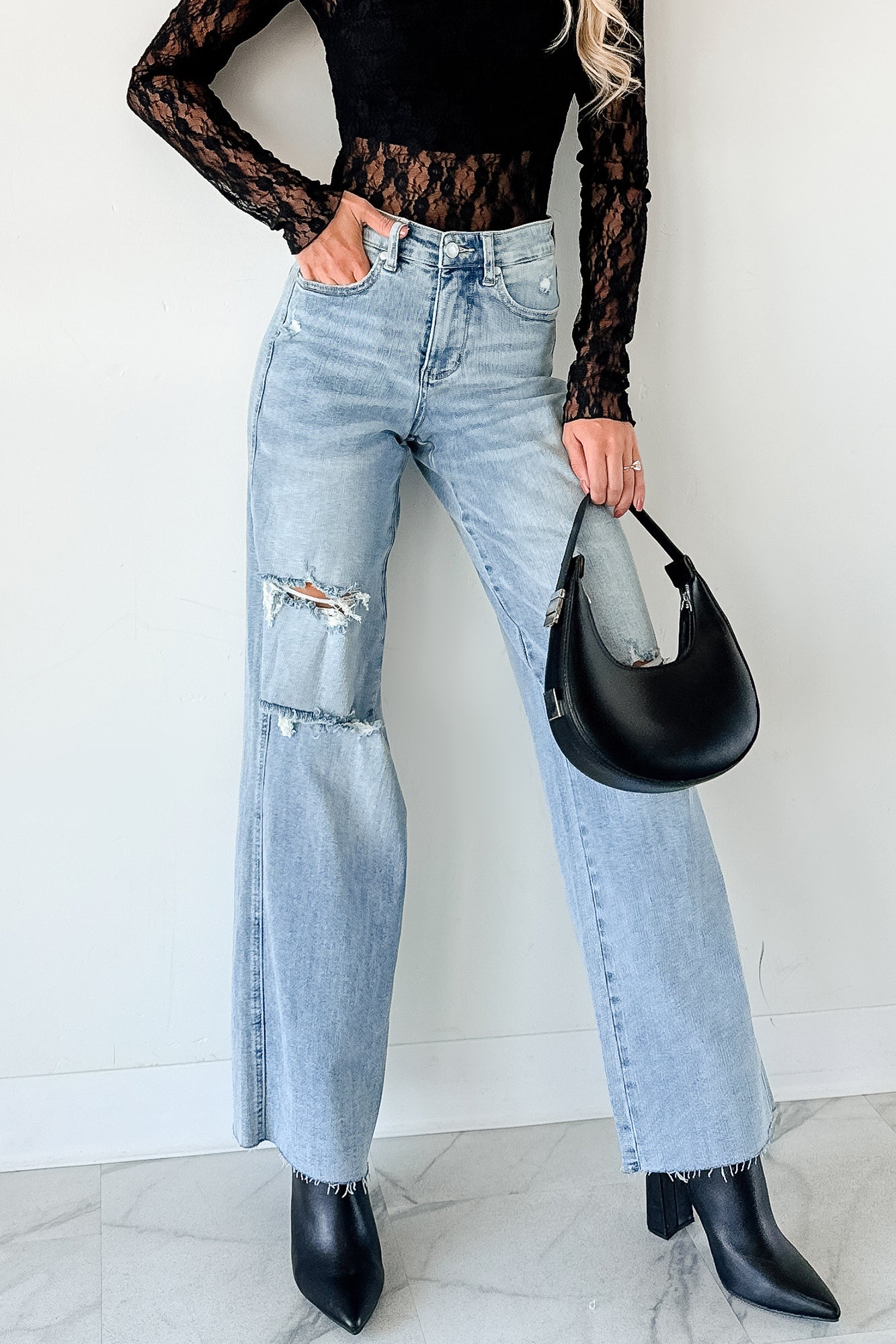 Romero Mid Rise Ripped Judy Blue Wide Leg Jeans (Light) - NanaMacs