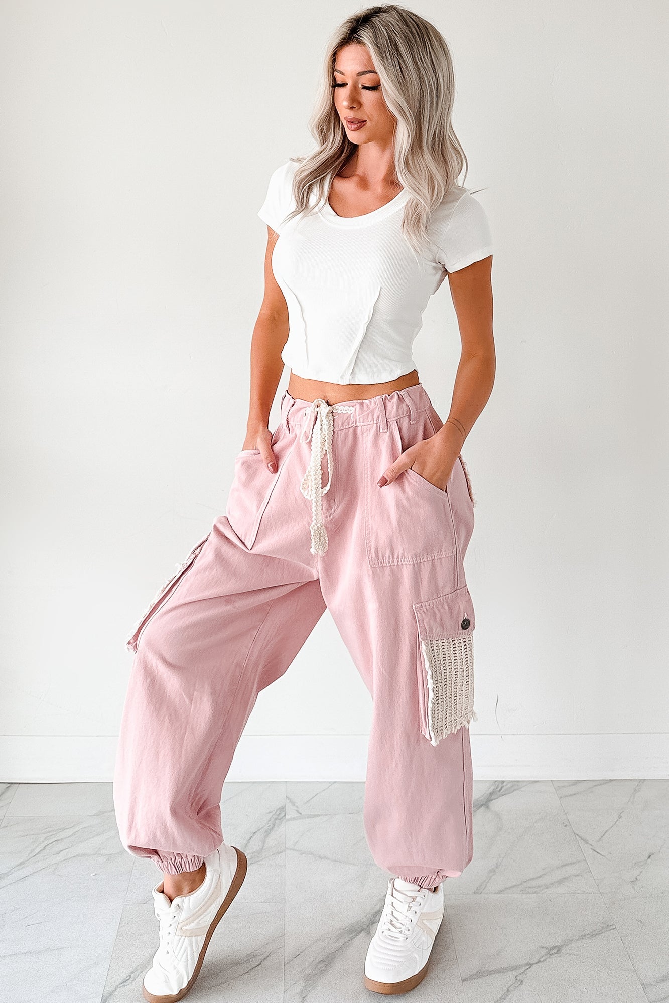 Sweet Melody Crochet Denim POL Joggers (Powder Pink) - NanaMacs