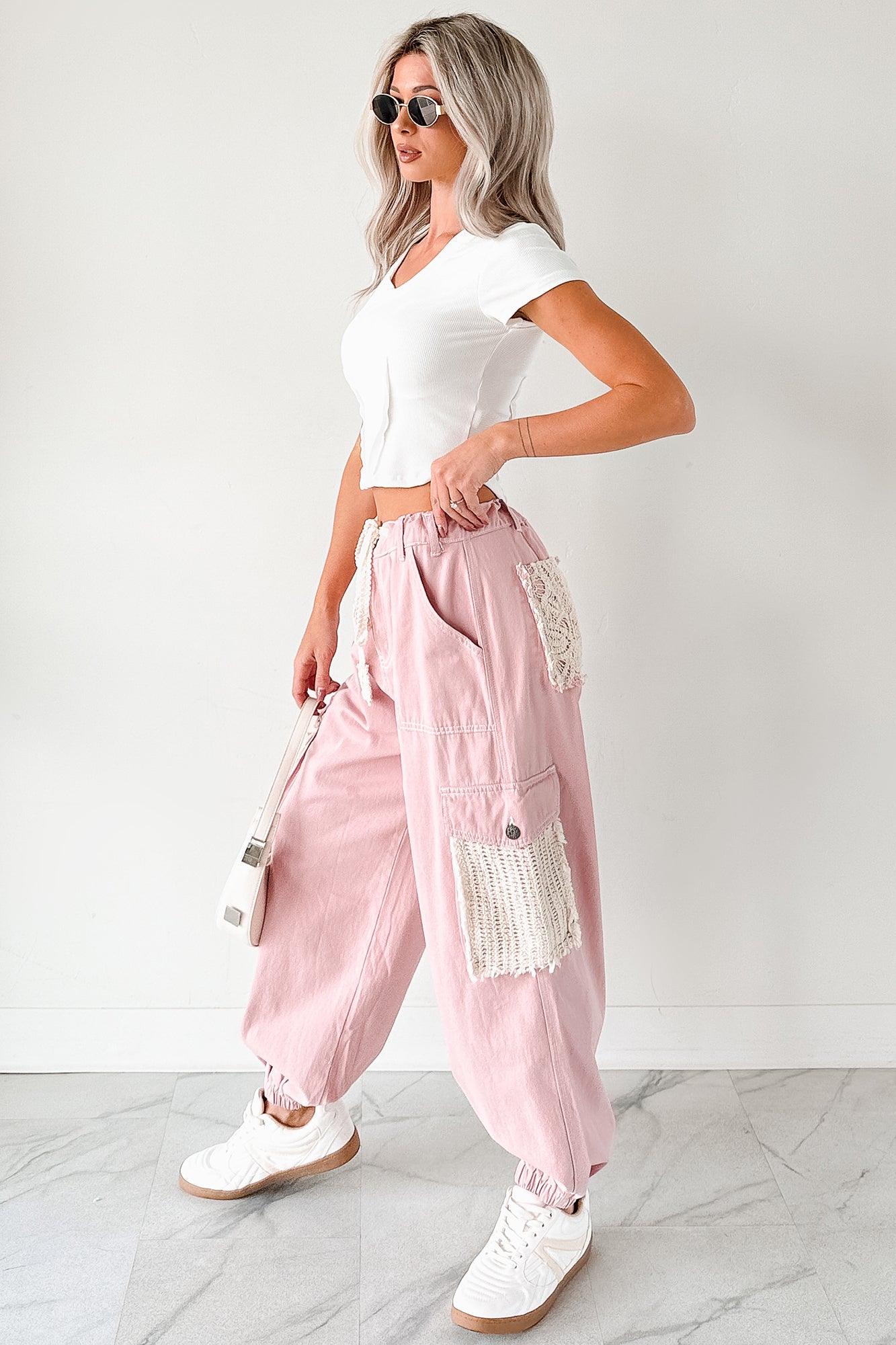 Sweet Melody Crochet Denim POL Joggers (Powder Pink) - NanaMacs