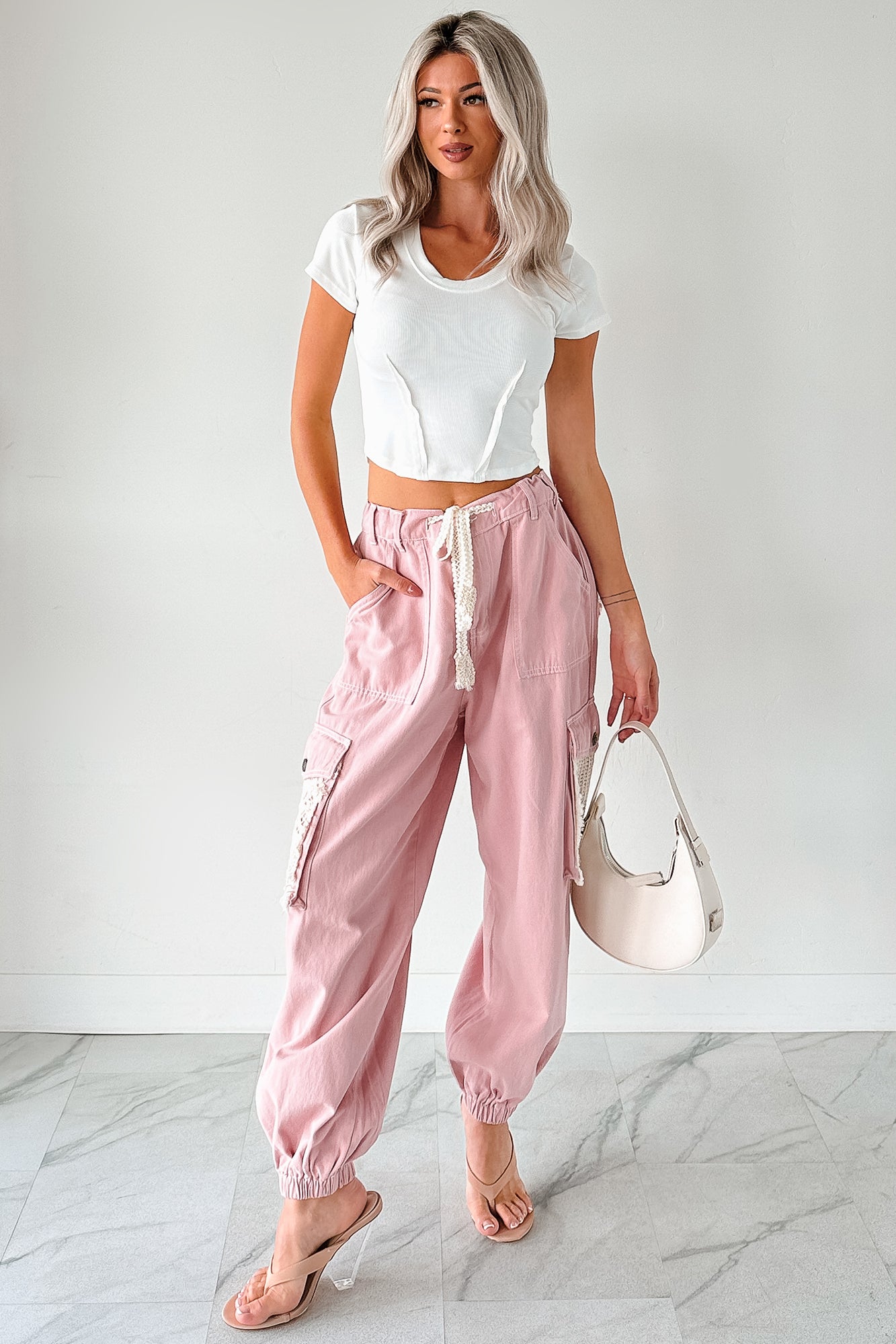 Sweet Melody Crochet Denim POL Joggers (Powder Pink) - NanaMacs