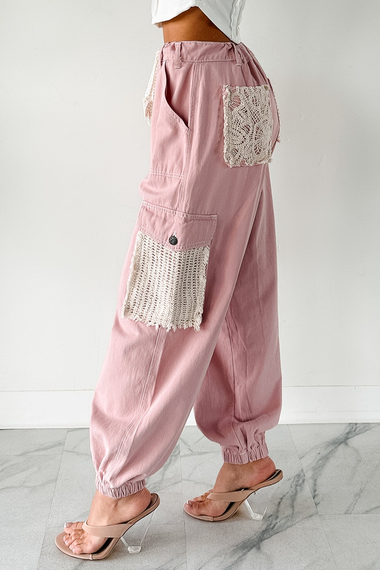 Sweet Melody Crochet Denim POL Joggers (Powder Pink) - NanaMacs