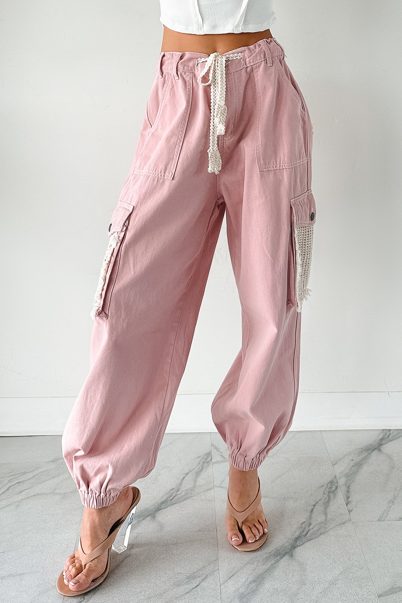 Sweet Melody Crochet Denim POL Joggers (Powder Pink) - NanaMacs