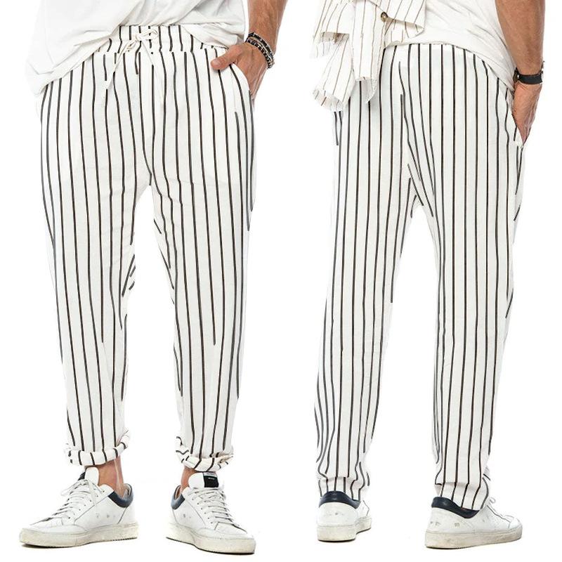 Mens Vertical Striped Cotton And Linen Straight Loose Trendy Casual Trousers 38653954z