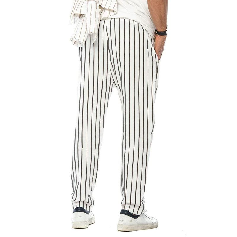 Mens Vertical Striped Cotton And Linen Straight Loose Trendy Casual Trousers 38653954z