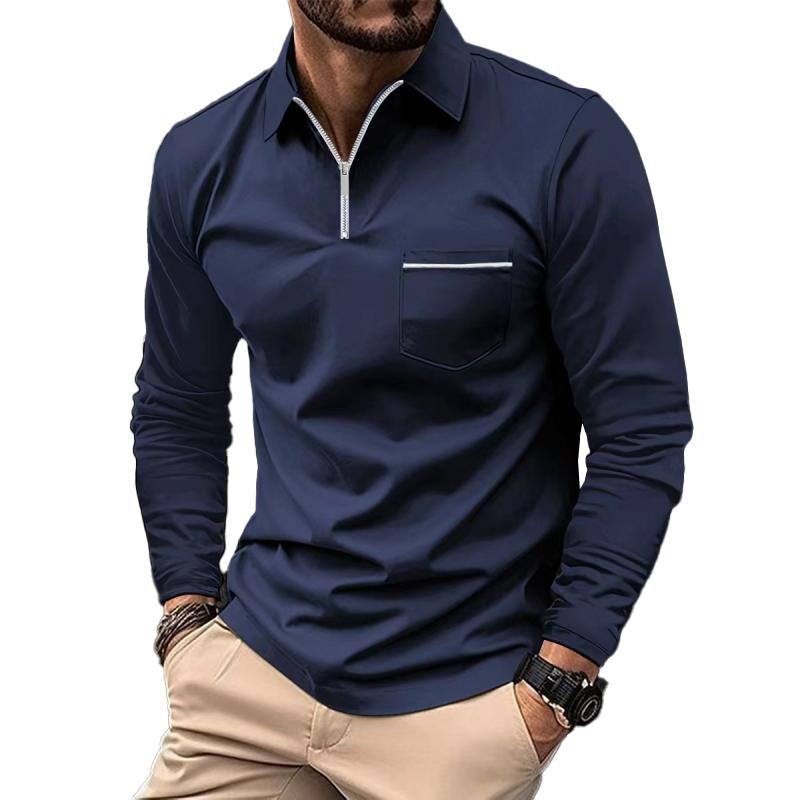 Mens Solid Zipper Lapel Breast Poet Long Sleeve Polo Shirt 49740491z