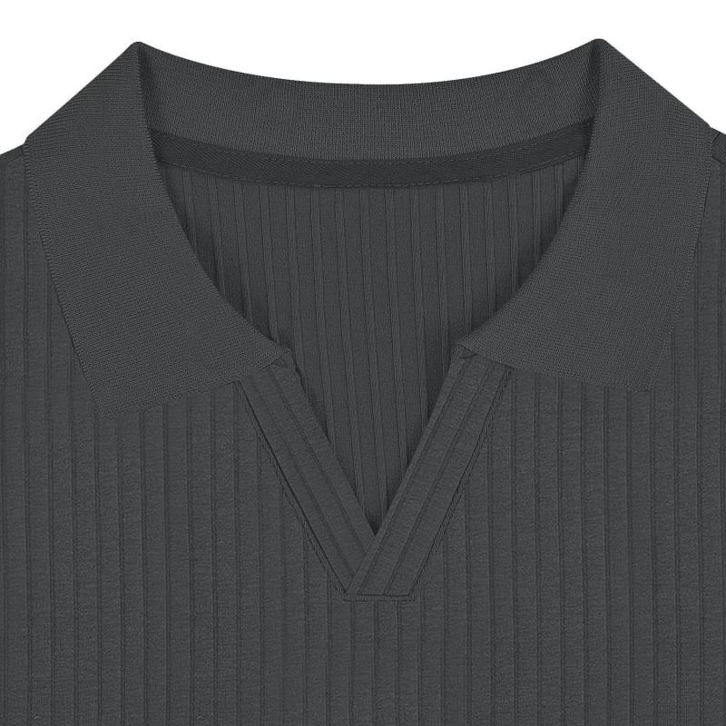 Mens Solid Striped Lapel Short Sleeve Polo Shirt 66319205z